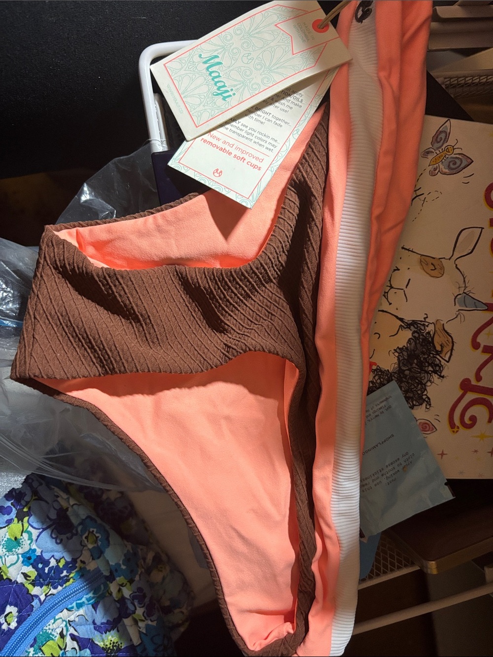 NEW “Maaji” Two-Tone Bikini Bottoms - Coral & Chocolate